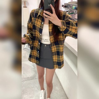 【遇見衣櫥】黃色格子 潮流 襯衫 秋裝新款 小個子 防曬襯衣 外套 美式復古 上衣
