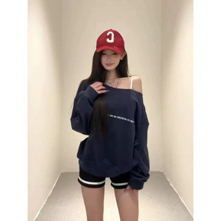 美式辣妹寬鬆大學T女秋季新款休閒斜肩長袖上衣