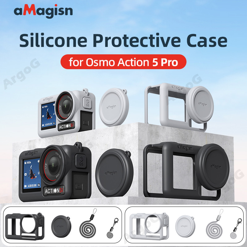 Amagisn DJI Omso Action 5 Pro 保護套矽膠套帶鏡頭蓋和頸帶 Action 5 Pro 配件