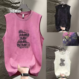 TopMan 背心男 無袖 做舊暈染燙鑽熊MIN透氣棉 吊嘎 男生 無袖上衣