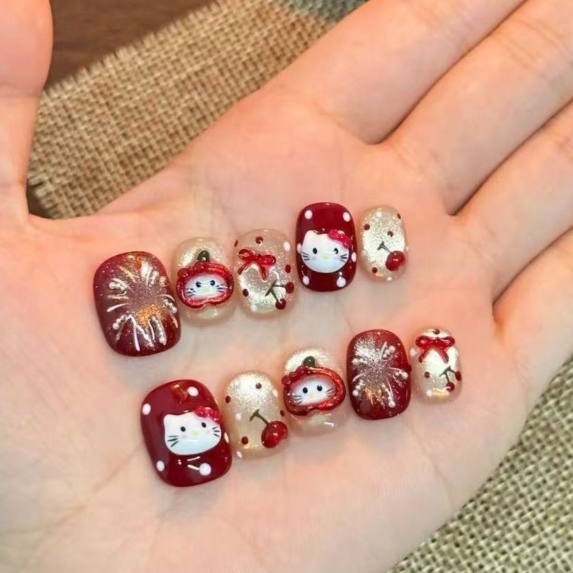美妝保養 美甲 穿戴甲 可愛新年紅色煙花kitty蝴蝶結波點美甲手工貓眼顯白ins可拆卸貼片