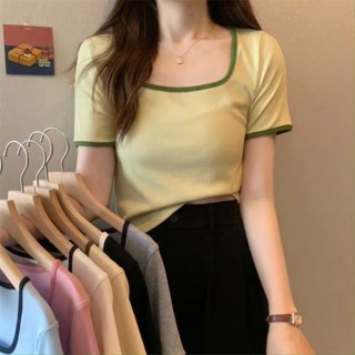 M-4XL 大尺碼上衣 短袖 夏裝新款大碼胖MM露鎖骨微胖方領短袖T恤女春秋內搭顯瘦上衣