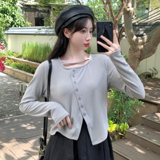 M-3XL 大尺碼方領T恤設計感小眾長袖t恤女春秋ins潮不規則修身短款顯瘦辣妹打底衫