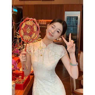 【🎀桃喜Rich現貨】白色旗袍 改良旗袍 新中式洋裝 國風一堯白首成約清冷典雅長袖旗袍 新娘旗袍 氣質顯瘦鏤空蕾絲旗袍