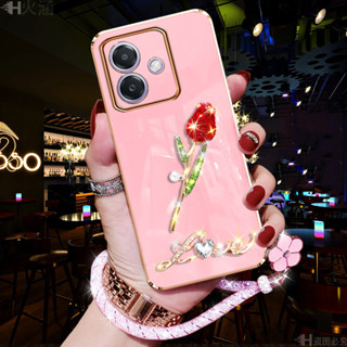 手機保護殼適用於 OPPO A3x Reno12F OPPOA3X 5G 手機殼帶 3D 字母紅玫瑰花+手繩軟殼保護套