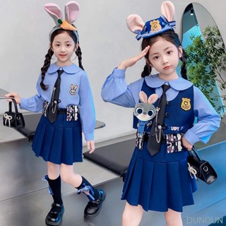 【臺出免運】裘蒂兔子警官衣服女童夏季套裝兒童迪士尼jk制服學院風三件套裙子兒童萬聖節萬聖節服裝萬聖節裝扮童裝