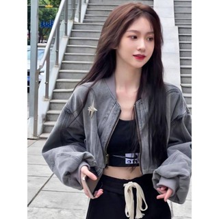 美式潮牌短款辣妹水洗牛仔外套女秋季寬鬆長袖拉鍊開衫夾克上衣潮