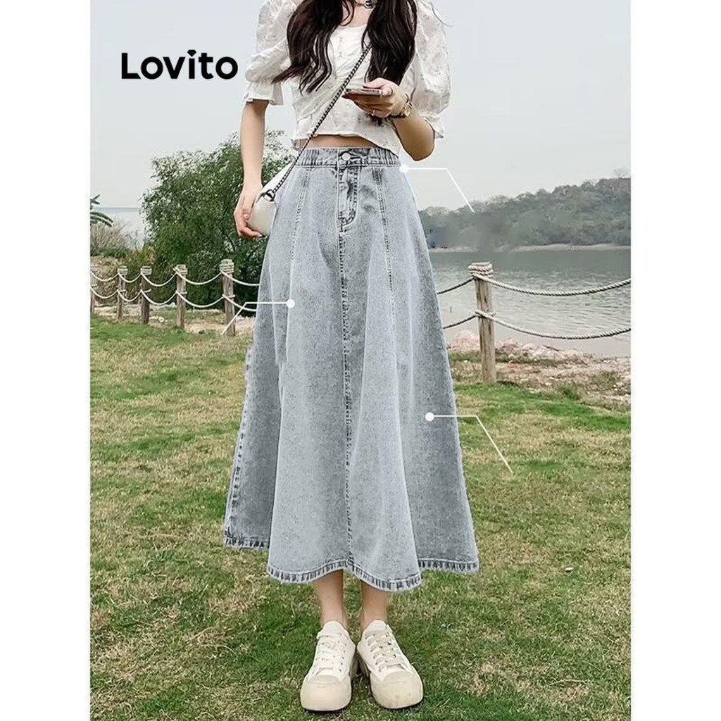 Lovito 女款休閒素色結構線條連結短裙 LNL69045