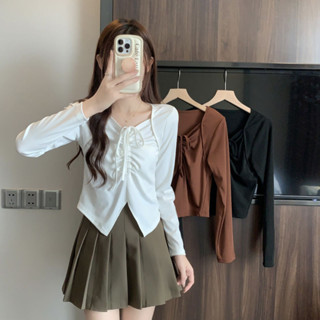 M-4XL 大尺碼女裝 大尺碼長袖上衣女 秋季新款設計感小眾V領抽繩上衣女