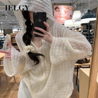 IELGY 女中長款鏤空連帽衛衣寬鬆針織長袖上衣