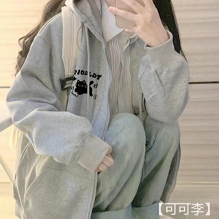 【可可李】大學t帽t韓版連帽衫 衛衣外套女秋 薄款顯瘦寬鬆 休閒大碼胖mm拉鍊 開衫外套薄款刷毛