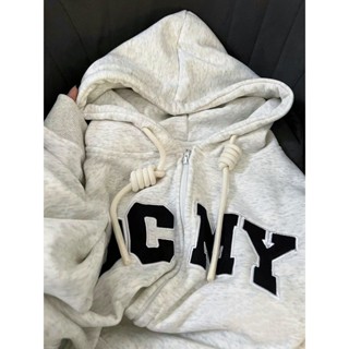 [MTT精選熱賣]白灰色連帽衛衣女加絨加厚秋冬款oversize慵懶風垂墜感拉鏈外套潮