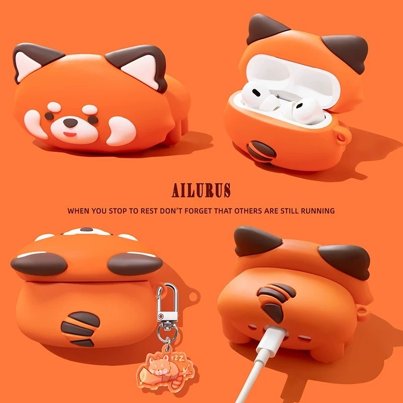 橘紅色 趴趴小熊貓 貓熊 適用於AirPods 4保護殼 Pro2耳機殼 2/1代耳機套 3代保護套 全包耳機保護殼