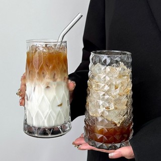 【臺灣出貨】秋冬季新款韓系高顏值玻璃咖啡杯 ins風復古高顏值鑽石咖啡杯 水果茶杯玻璃杯飲料牛奶拿鐵氣泡水杯