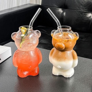 💯高品質#ins風小熊創意造型高顔值奶茶盃個性拿鐵咖啡果汁盃耐熱玻璃水盃