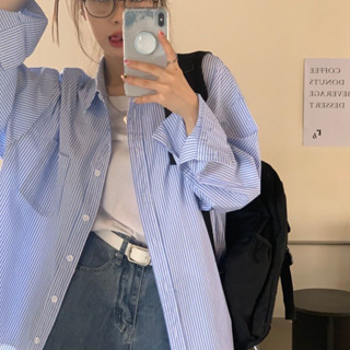 秋季長袖襯衫女慵懶風寬鬆中長款條紋上衣百搭外套
