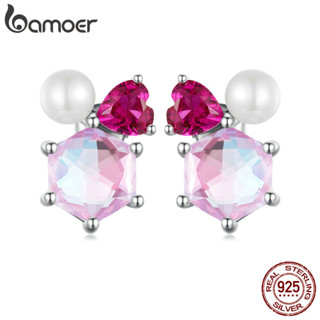 Bamoer 925 純銀耳環粉色閃亮珍珠設計簡約女士禮物