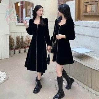 大碼女裝胖妹妹mm小黑裙內搭修身顯瘦中長款A字裙氣質黑色連衣裙 a字裙 韓系洋裝 秋季洋裝 大碼洋裝顯瘦【PAPA】