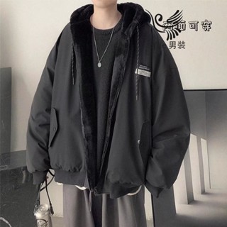 YLIE 雙面穿加厚保暖外套 棉服 羊羔絨 連帽外套 棉服 冬季外套男加厚羊羔毛棉服ins港風保暖棉衣潮流加絨棉襖子