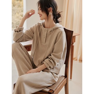 Miguo S-2XL 秋冬季新款 時尚穿搭一整套 韓版垂感休閒褲連帽衛衣兩件套裝女