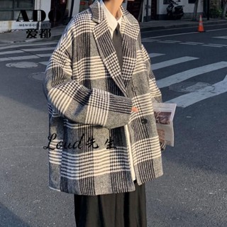 韓版 毛呢大衣男中長款韓版潮流格子西裝秋冬季新款復古呢子外套潮