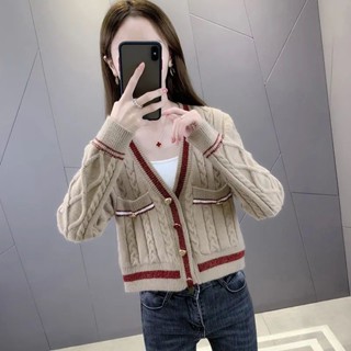 現貨.小外套 韓版小個子短版毛衣小外套女2024年秋季新款氣質V領麻花針織小外套ins潮 保暖外套 長袖外套 外套風衣