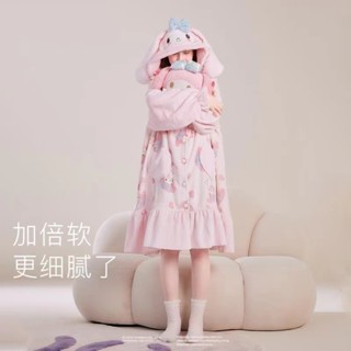 QQ芊芊 促銷新品 美樂蒂睡袍套裝兩件套女學生冬季珊瑚絨法蘭絨刷毛加厚居家服2022