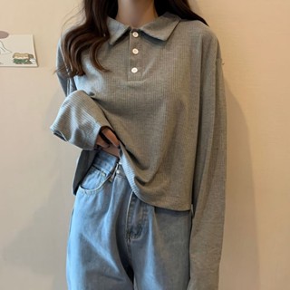 【HOT 本舖】 S-2XL 韓版寬鬆打底衫上衣秋裝新款韓版灰色秋季POLO衫長袖T恤