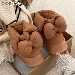 甜美蝴蝶結雪地靴女士 新款冬季網紅外穿百搭保暖 防水pu棉鞋 厚底踩屎感棉拖鞋 冬季包跟室內毛毛拖鞋 毛絨保暖 防水防滑