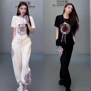 民族風套裝女|時尚短袖套裝女夏季新款中式顯瘦上衣束腳褲子兩件套|跳舞衣服|復古媽媽套裝|韓版休閒兩件套|阿嬤衣服