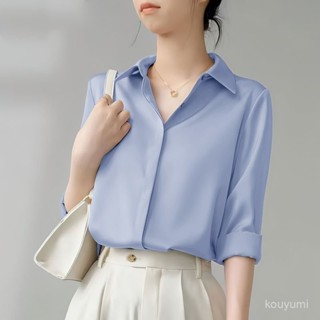 免運✅雪紡長袖藍色襯衫女2024春季新款純色設計感小眾寬鬆百搭女士上衣 9UJN