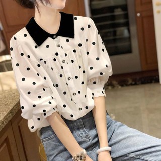 悅悅家 女裝上線 直髮2410 新中式雪紡波點襯衫女春夏季新款顯瘦氣質長袖襯衫別緻Polo領上衣