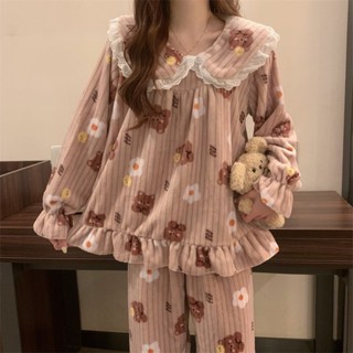 臺灣出貨 秋季2024年新款公主風套裝女寬鬆娃娃領卡通保暖家居睡衣兩件套潮卡通可愛睡衣 加厚保暖睡衣 居家睡衣R03
