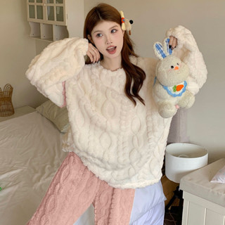 [現貨]白粉珊瑚絨睡衣女 秋冬季新款保暖居家服 半邊絨加厚毛絨睡衣 可愛少女風家居服兩件套裝