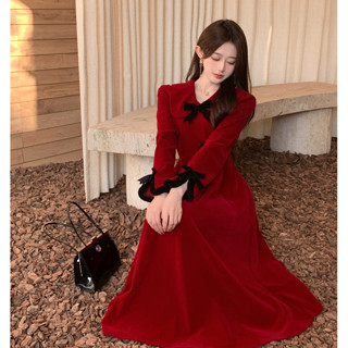 M-4XL 酒紅色禮服 敬酒服 尾牙禮服 A字裙 大尺碼女裝 大碼洋裝 喜宴婚禮穿搭 修身顯瘦長洋 絲絨洋裝 秋天女裝