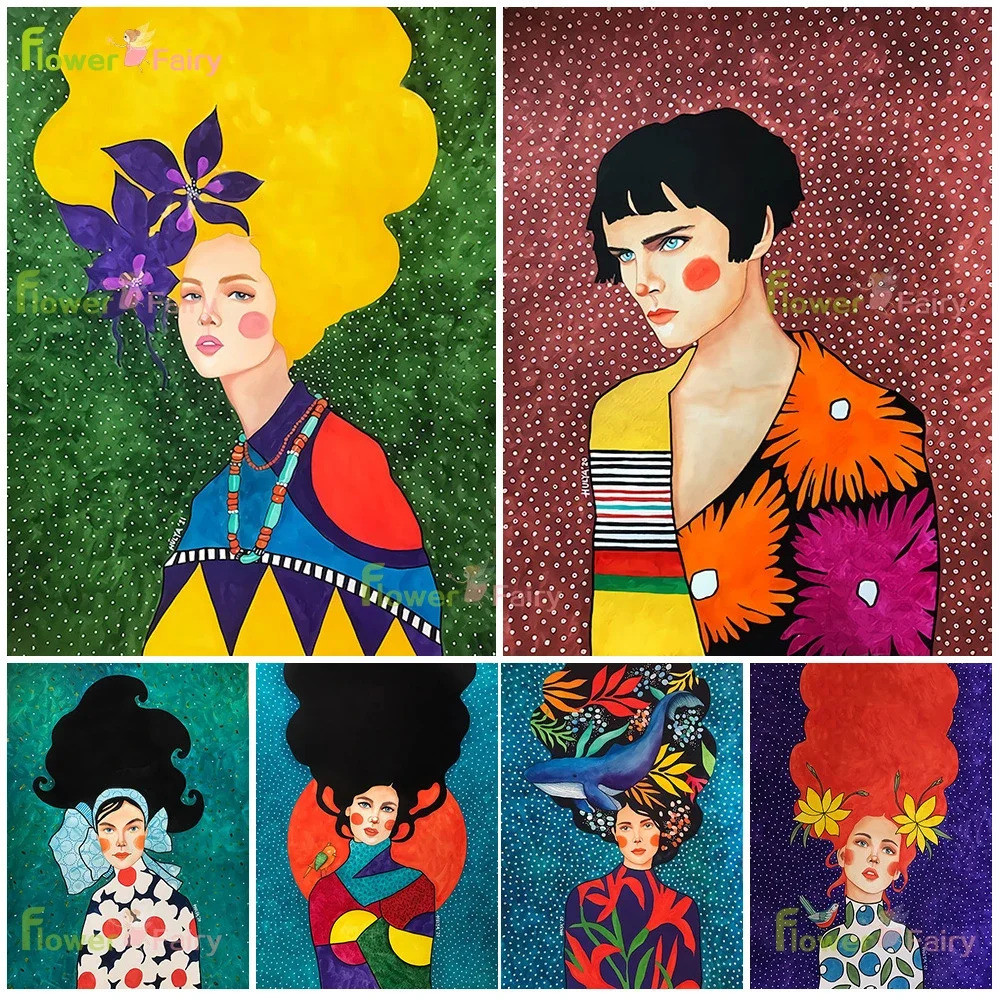 時尚五顏六色的花發女孩現代女性北歐海報牆藝術帆布繪畫牆圖片客廳無框 GSY9