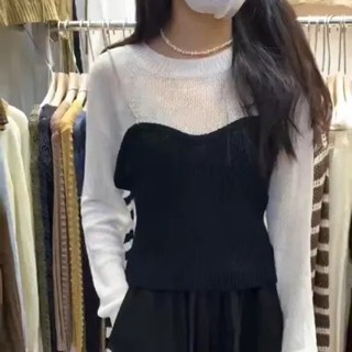 衣時尚 針織衫 上衣 毛線衣 長袖T卹 新款韓國東大門氣質撞色拼接修身打底長袖針織衫上衣2F099-3753.
