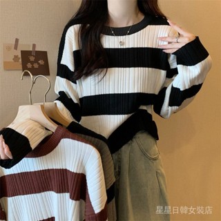 【時尚推薦】韓版休閒針織衫秋季新款女寬鬆顯瘦複古條紋長袖短款上衣