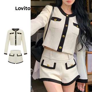 Lovito 女士優雅短褲套裝素色鈕扣撞色綁帶拼色上衣或下裝 L102AD373