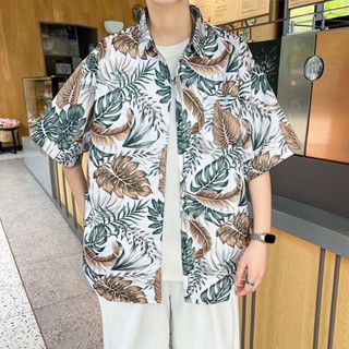 時尚夏季印花葉子短袖襯衫男士夏威夷中性