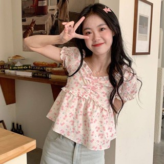 IELGY 泡泡袖蝴蝶結碎花襯衫學院風收腰短上衣女
