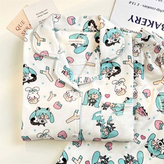 冬天睡衣 居家服 韓國睡衣 S-2XL 初音未來Miku德絨睡衣女春秋冬季加絨加厚保暖長袖長褲家居服套裝 3NQ9
