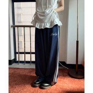 ˏˋ - ̗̀ 🌷⛅️韓國ins學院復古運動風刺繡字母豎條紋日系寬鬆織帶長褲