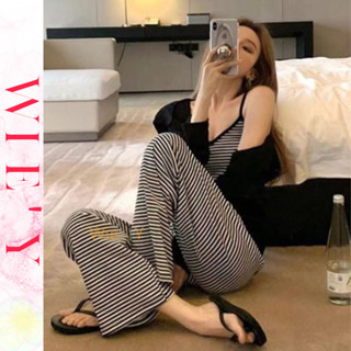 🌸WIE' Y🌸「女生家居服」三件式睡衣 帶胸墊睡衣 ins高階感可外穿條紋開衫 莫代爾睡衣 韓國居家服 長袖睡衣女