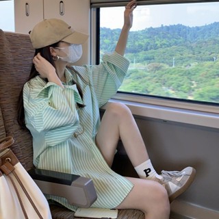 Meet.You.POLO領襯衫外套女 夏季新款條紋襯衫 寬鬆中長款襯衫 薄款BF風防曬外套 寬鬆顯瘦修身 長袖襯衫