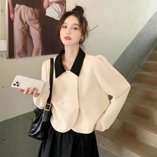 【HOT 本舖】 mccc 杏色法式短上衣女2024早春新款氣質長袖設計感輕薄短款外套