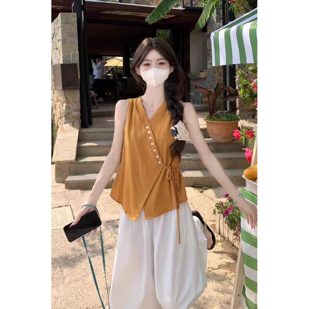 #無袖上衣女日多巴胺穿搭獨特漂亮法式小資V領襯衫,無袖上衣女日多巴胺穿搭獨特漂亮法式小資V領襯衫