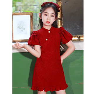 XYJ 喜洋洋女童旗袍中國禮服紅色復古公主裙兒童洋裝