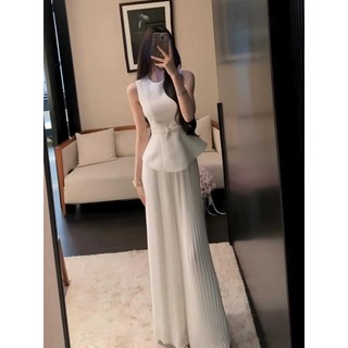 【夏天Summer】🔥 今年流行 漂亮歐貨 時尚高級感 小香風白色無袖上衣 褲子套裝女夏季 馬甲背心壓褶闊腿長褲兩件套