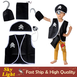 加勒比海盜黑色背心帽子 5 件套海盜服裝兒童男孩女孩派對聖誕節萬聖節角色扮演服裝